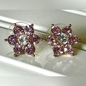 Crystal Flower Stud Earrings Pink/Purple with Gold Hardware
